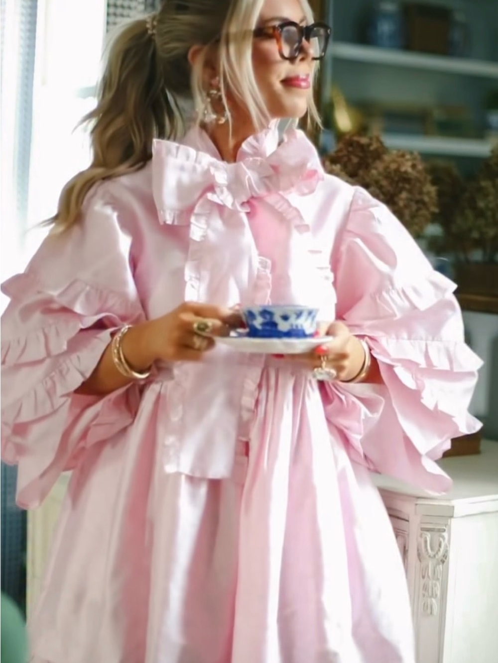 Pink Ruffle Bow Mini Dress